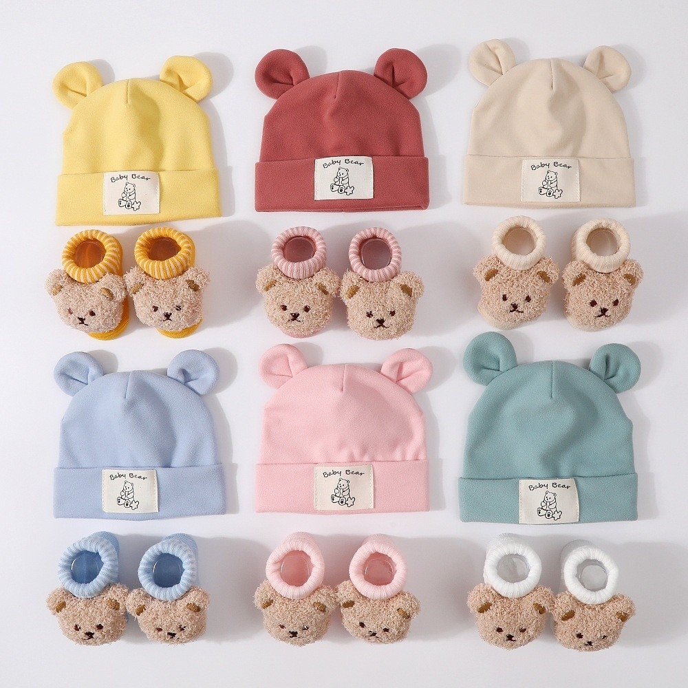 Baby Hat Beanie - طقم قبعة وجوارب قطنية للأطفال، قطعتان،